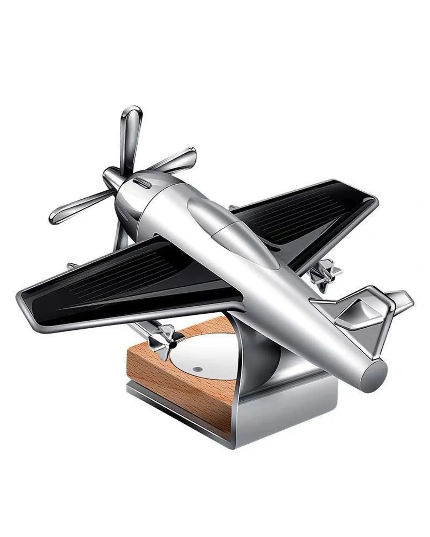 Aero Drift Solar Rotating Jet Car Scent Ornament, Silver and Wood