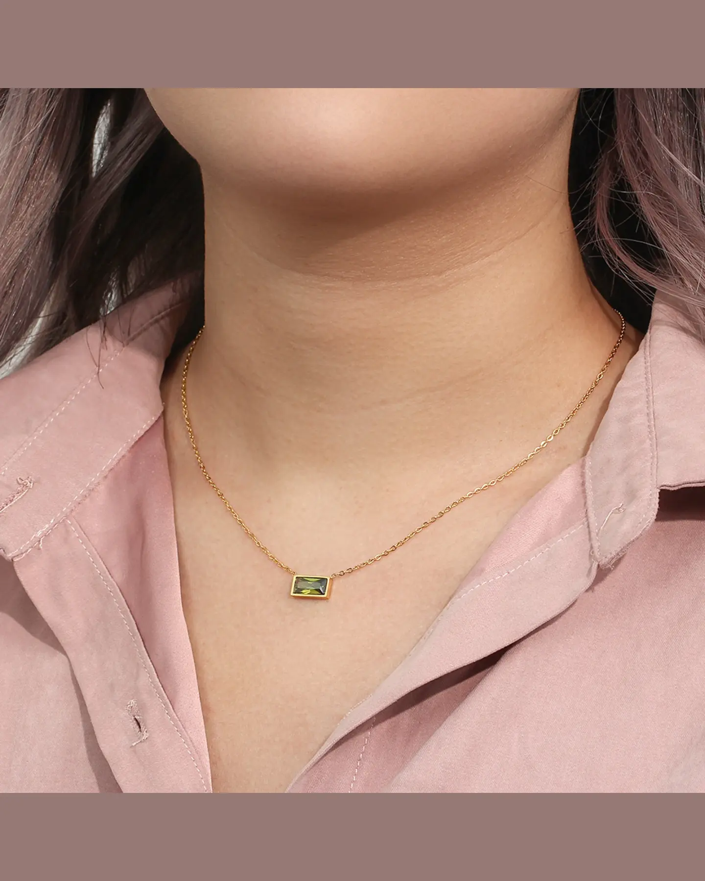 Dainty 18K Gold Plated Gemstone Pendant Necklace, Stainless Steel