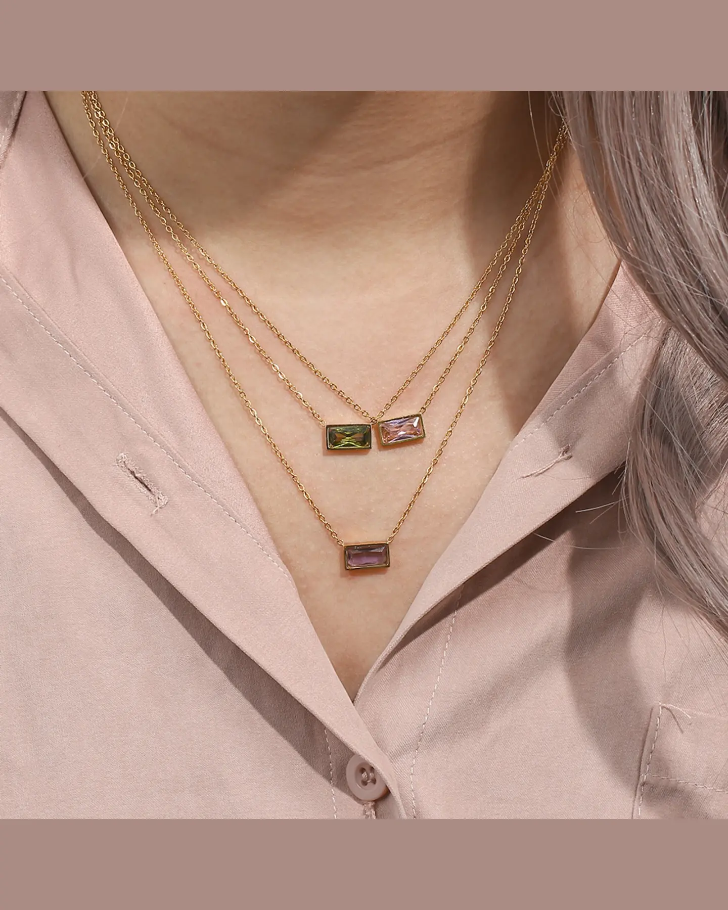 Dainty 18K Gold Plated Gemstone Pendant Necklace, Stainless Steel, view 5