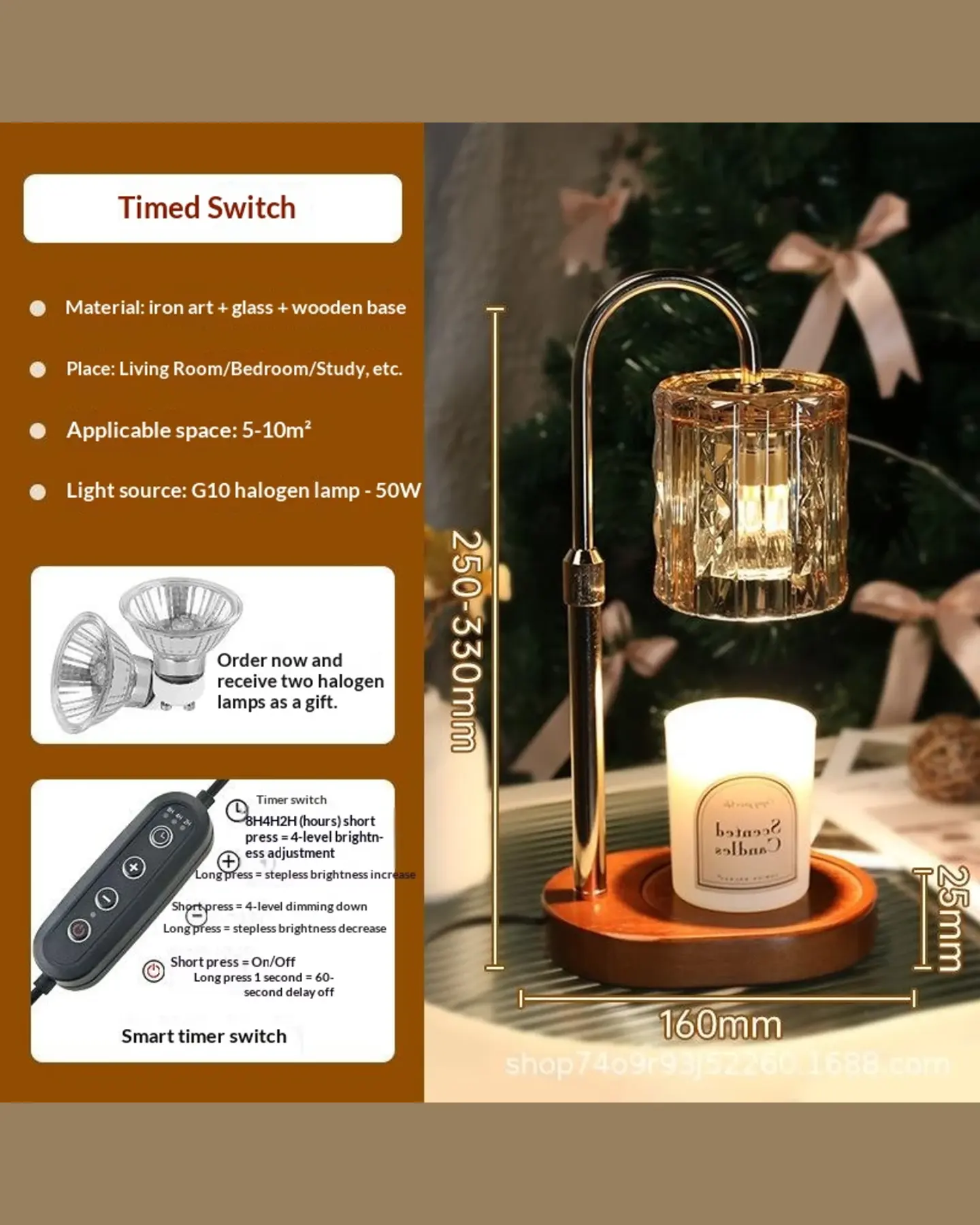 Dimmable Candle Warmer Lamp with Timer, Flame-Free Candle Melter, view 5